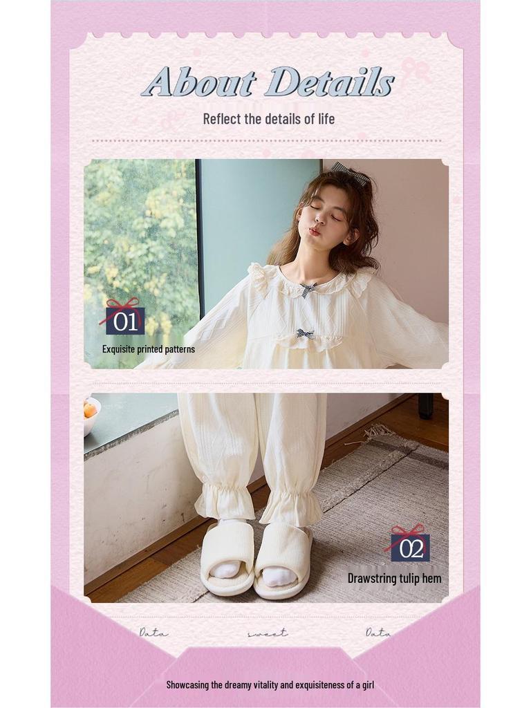 Women's French Court Style Cotton Pajama Set with Chest Pads - Long Sleeve, Long Pants for Spring & Autumn.