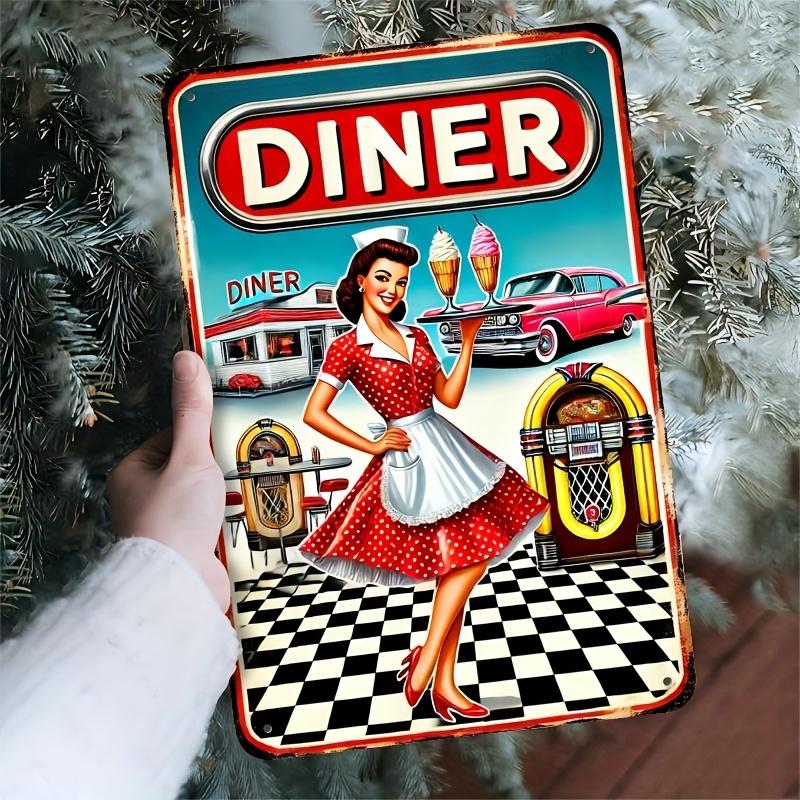 

VintageStyle Retro Diner Waitress Tin Sign Rustic Iron Wall Decor with Vibrant Restaurant Scene RedWhite Checkered Floor aluminum 20x30cm