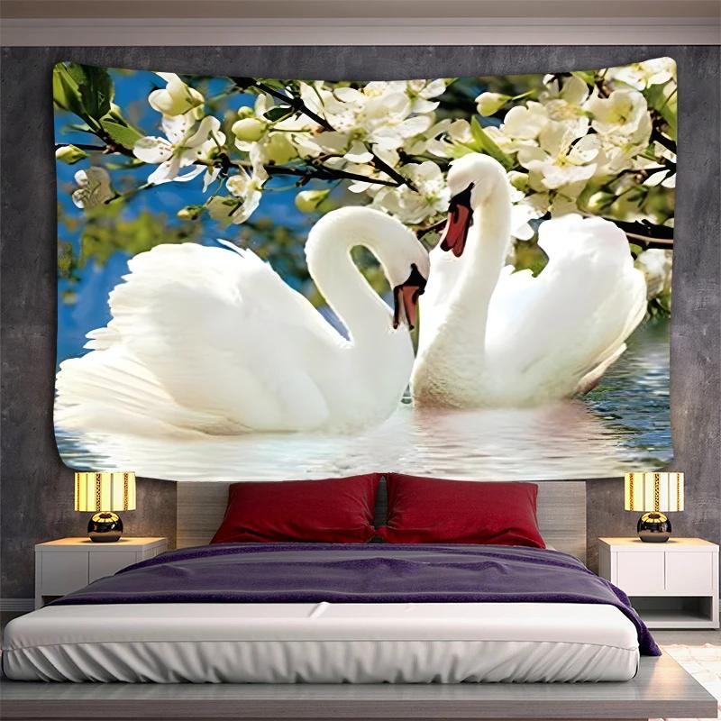 Swans Couples Tapestry Animals Birds Tapestry Romantic Aesthetic Love Tapestry Wall Hanging for Bedroom Living Room Dorm Decor