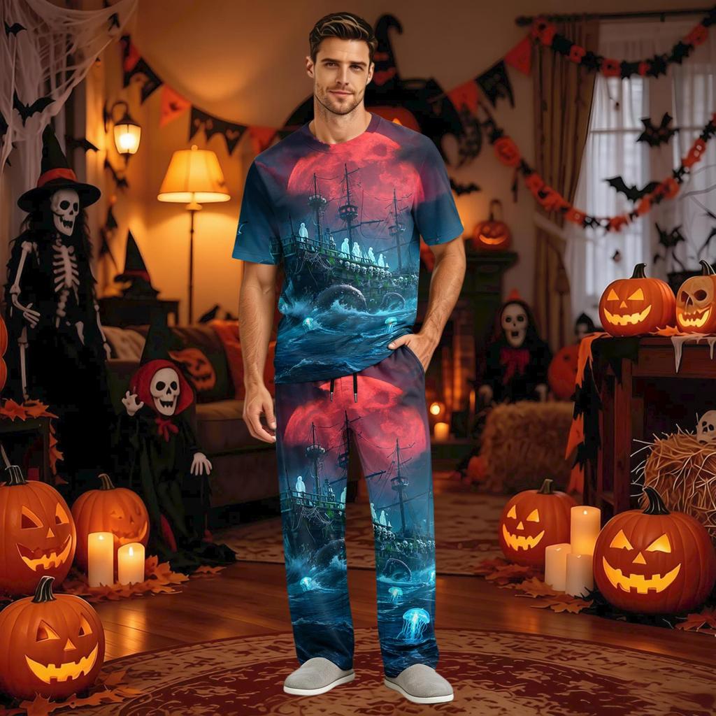 Men's Short Sleeve Pajama Set with Button Fly and Elastic Drawstring Waist - and Sleepwear
