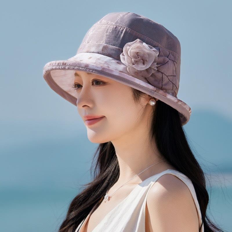 Middle-Aged Mother, Foreign Style Fisherman Hat, Summer Thin Sunscreen, Sun Hat, Curled Flower Top Hat, Mother Hat