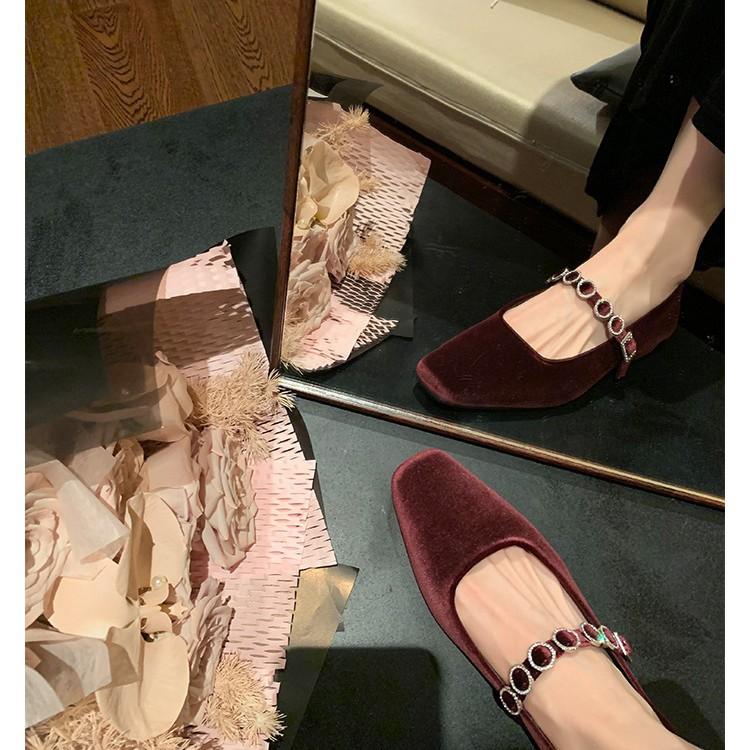 Sheepskin Version~ 2025 New Leather Rhinestone Velvet Mary Jane Shoes Women's Spring Square Head One-word Buckle Strap Single Shoes Ladyshoes