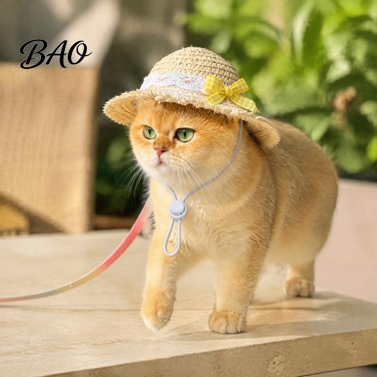 Summer Pet Sun Hat Cat Straw Hat, with Lace And Bow, Costume Accessories Cute Protection for Cats Small Dogs Outdoor Walks Pets