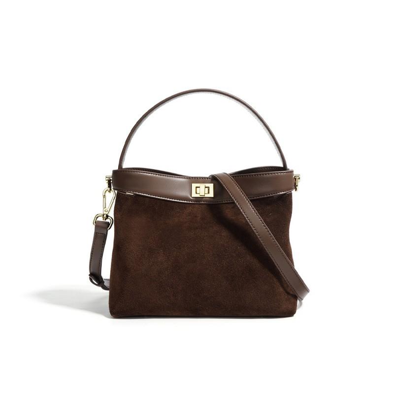 Niche Retro Frosted Cowhide Bucket Bag Women s Handbag Genuine Leather Commuting Shoulder Fashionable Trendy Crossbody 21x13x17cm светло-коричневого