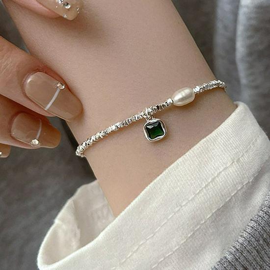 925 Sterling Silver Emerald Square Diamond Clavicle Chain Necklace - Handmade Beaded Jewelry