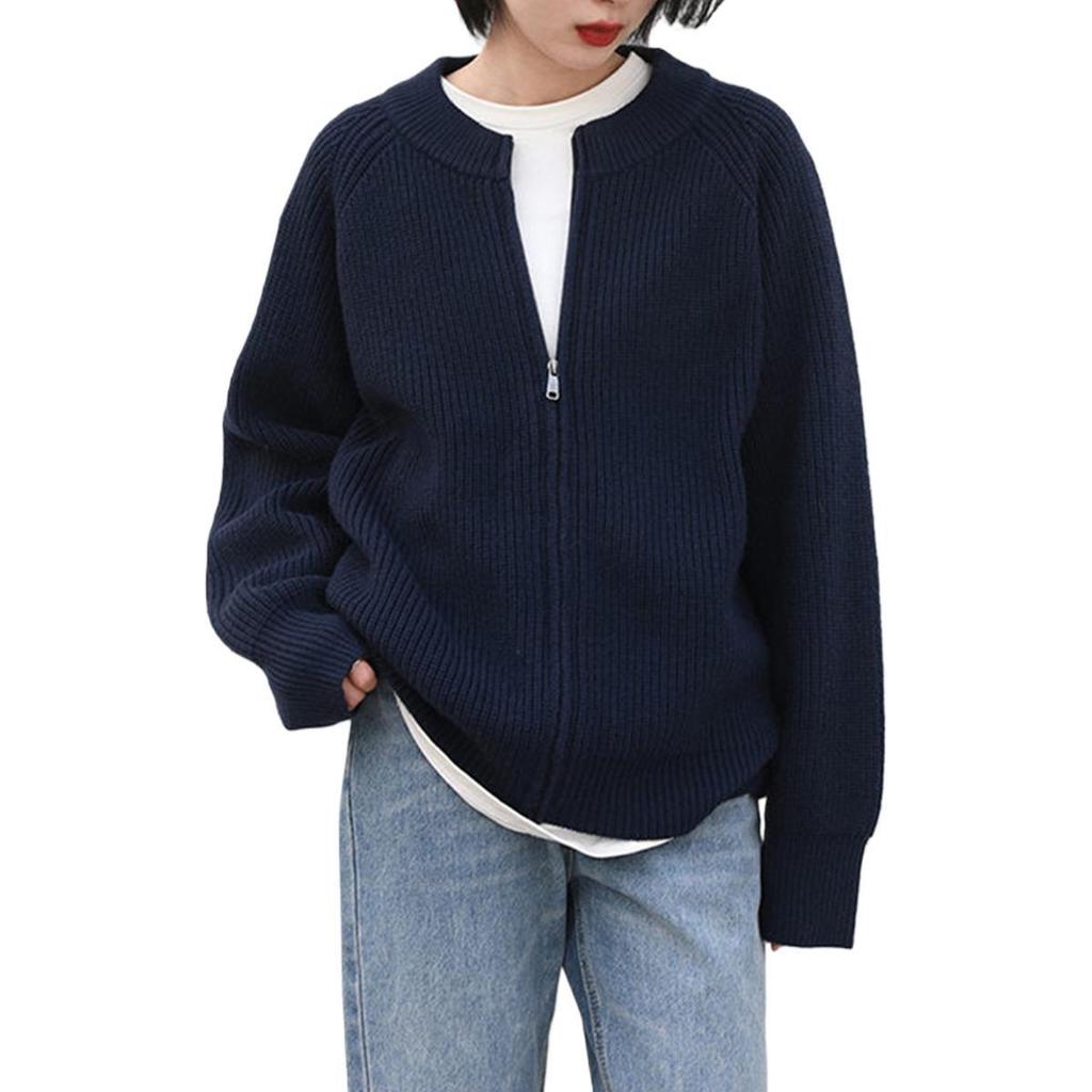 Men's Deep Blue Zip-Up Knit Cardigan: Japanese Lazy Style, Round Neck, Autumn/Winter, Loose Fit, Couple Sweater