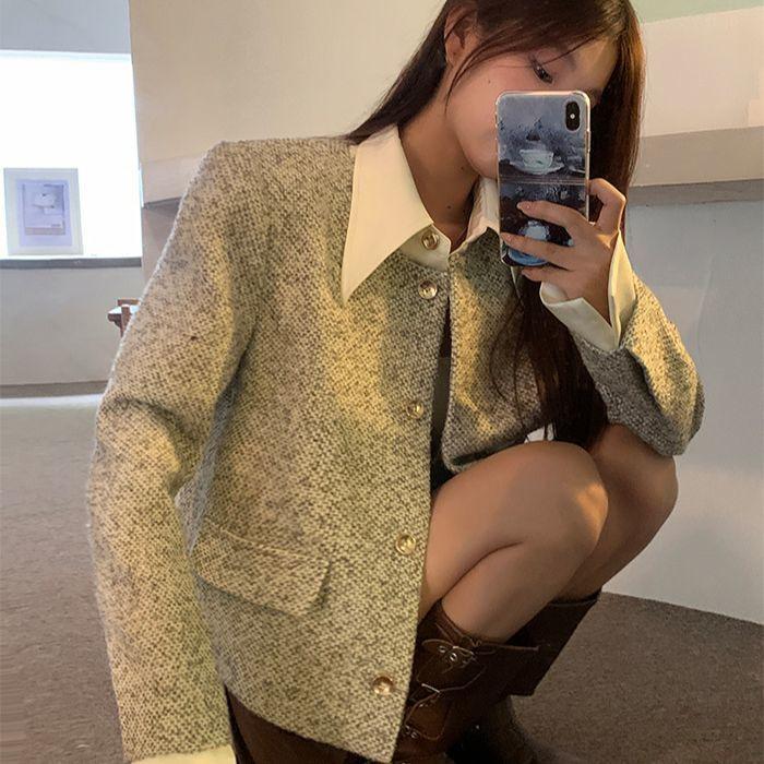

Xiaoxiangfeng jacket spring and autumn POLO collar new short jacket short temperament tweed top S