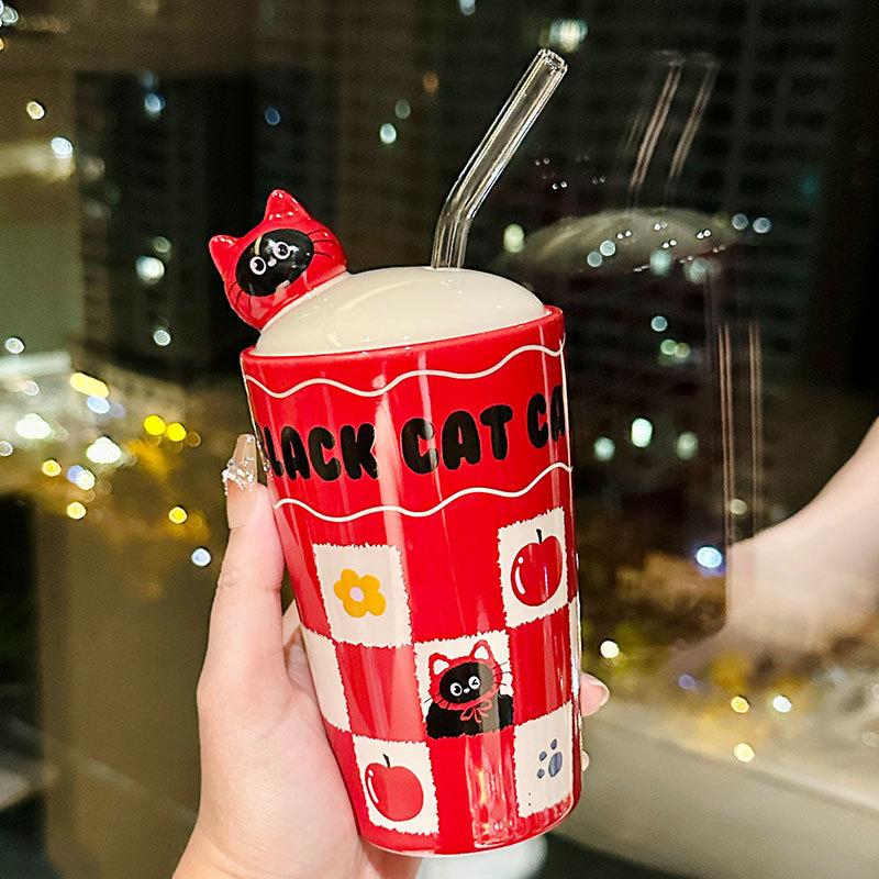 Cartoon Happy Kitten Ceramic Straw Cup Children's Household Cup with Cover Girly Heart Personalized Gift Souvenir