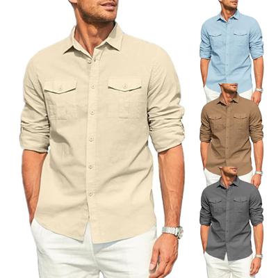 Men Solid Color Casual Shirt Lapel Long Sleeve Flap Pockets Single Breasted Shirt Loose Fit Tops Workwear