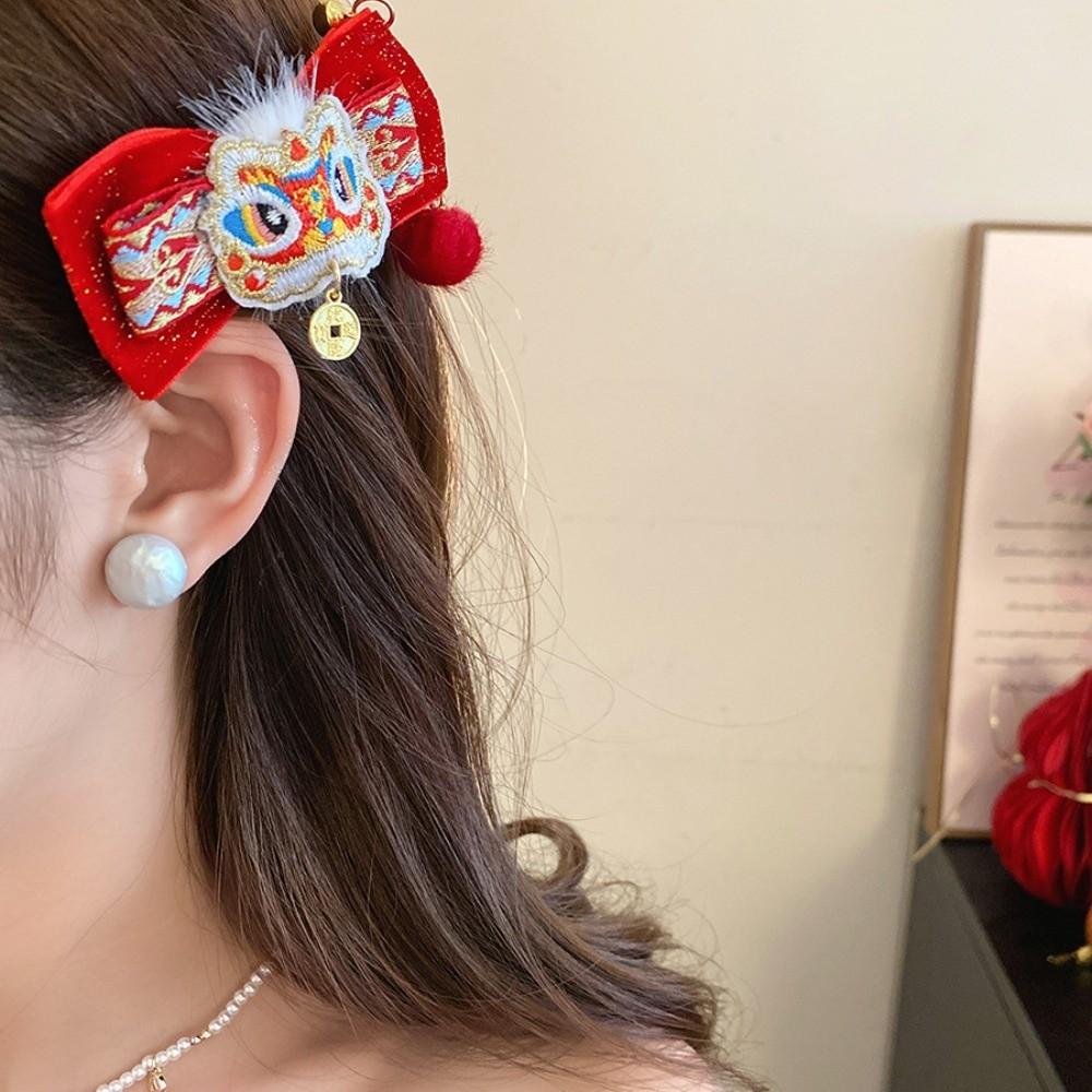 Cloth Chinese Tassel Bow Hairpin Lion Dance Flocking Hair Clip Photographic