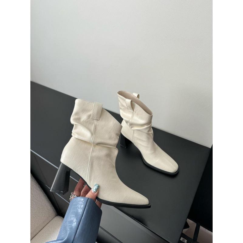 Retro British style shows western cowboy boots 2025 spring and autumn new thick-heeled short boots women's soft leather high-heeled stacking boots