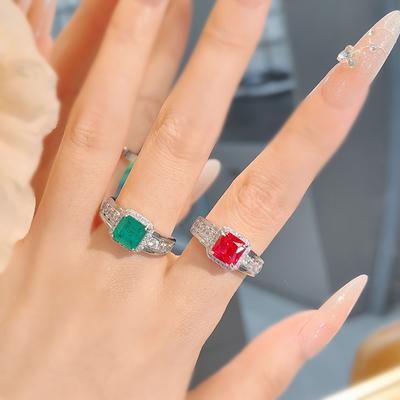 Fashion Light Luxury Temperament Princess Square Diamond Simulation Ruby Ring Retro Cotton Emerald Simple Women'S Ring