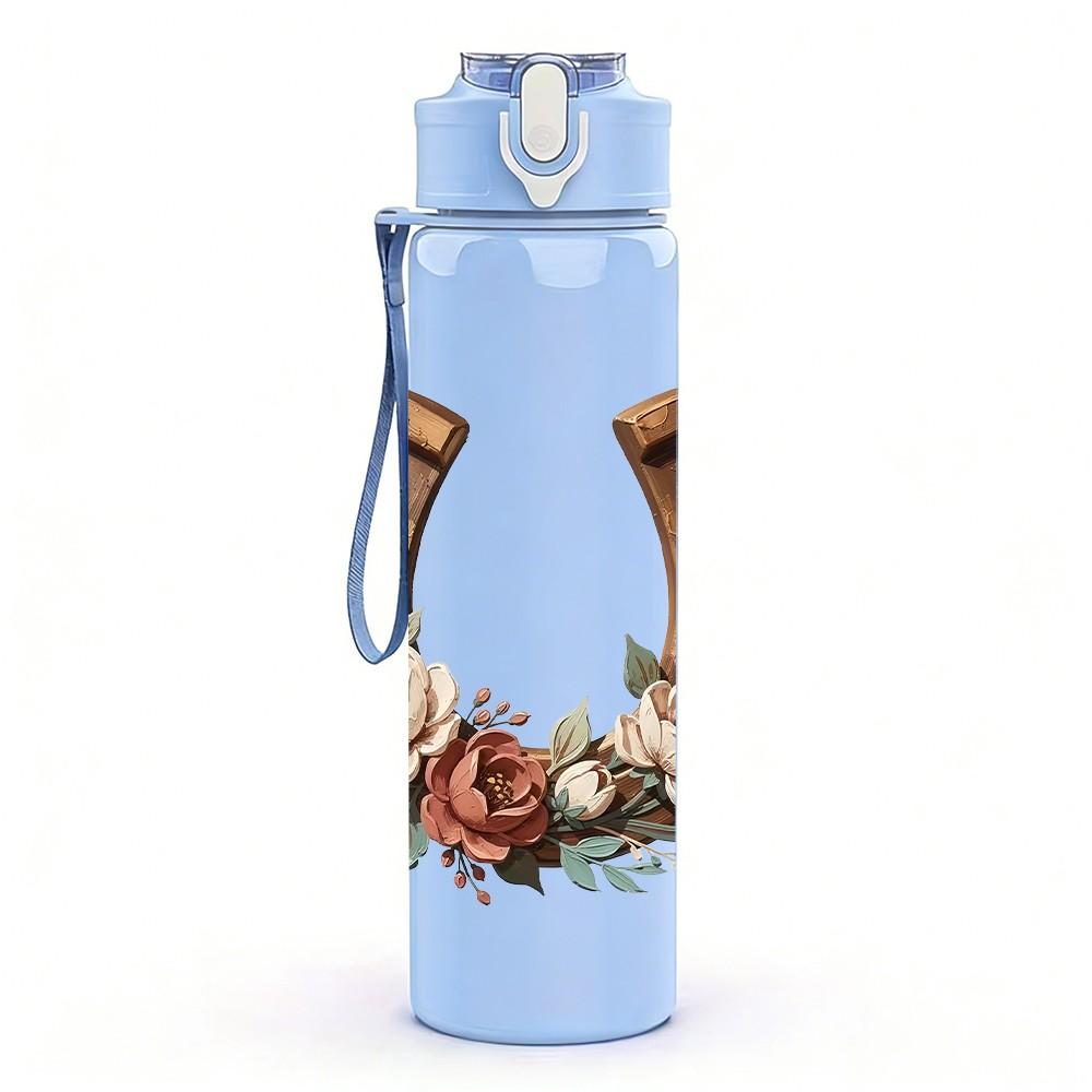 1PC Horseshoe With Floral Wreath 750ml Color Plastic Sports Water Bottle Leakproof Flip Straw Lid Suitable for Sports Office Home Use