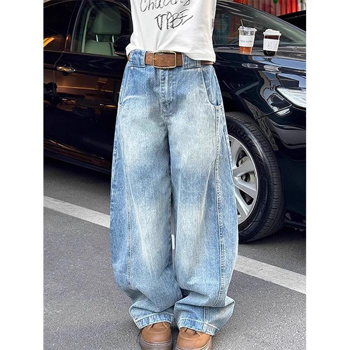 American Retro Bamboo Pattern Washed Scimitar Jeans Men's and Women's New High-waisted Straight Wide-leg Sickle Pants