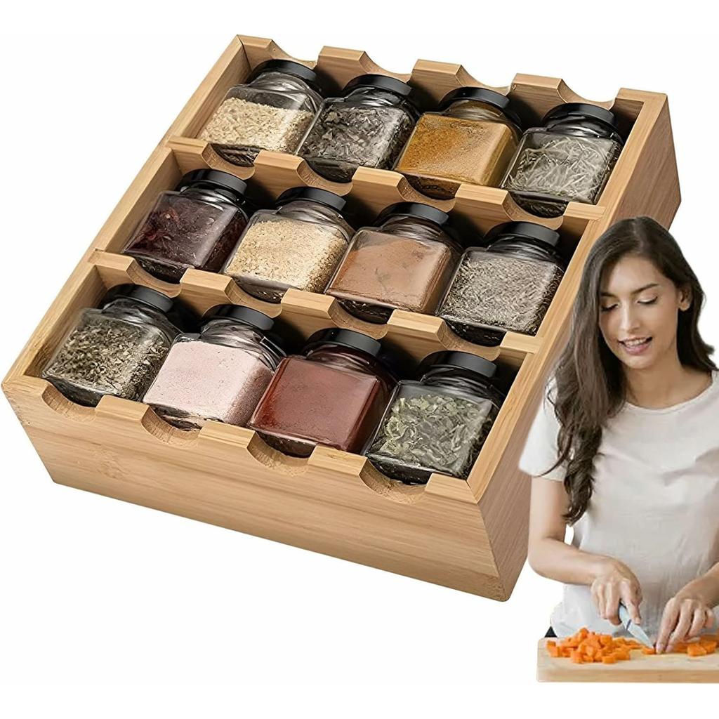 Bamboo Wood 12 Compartment Spice Rack Organizer For Kitchen Multi-Tier Storage Shelf With Jars