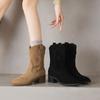 Krazing Pot Cow Suede Nubuck Winter Round Toe Modern Boots Med Heels Slip On Five-Star Decoration Women Mid-calf Boots
