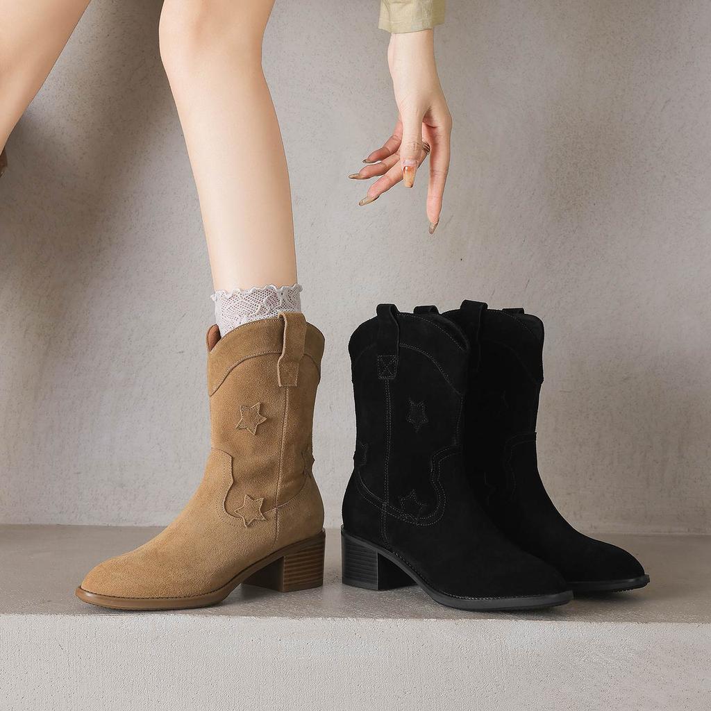 Krazing Pot Cow Suede Nubuck Winter Round Toe Modern Boots Med Heels Slip On Five-Star Decoration Women Mid-calf Boots