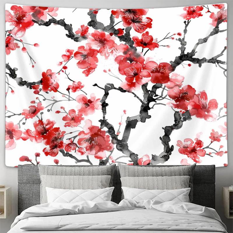 Red Sakura Blooming Bedroom Art Tapestry Wall Decoration Fabric