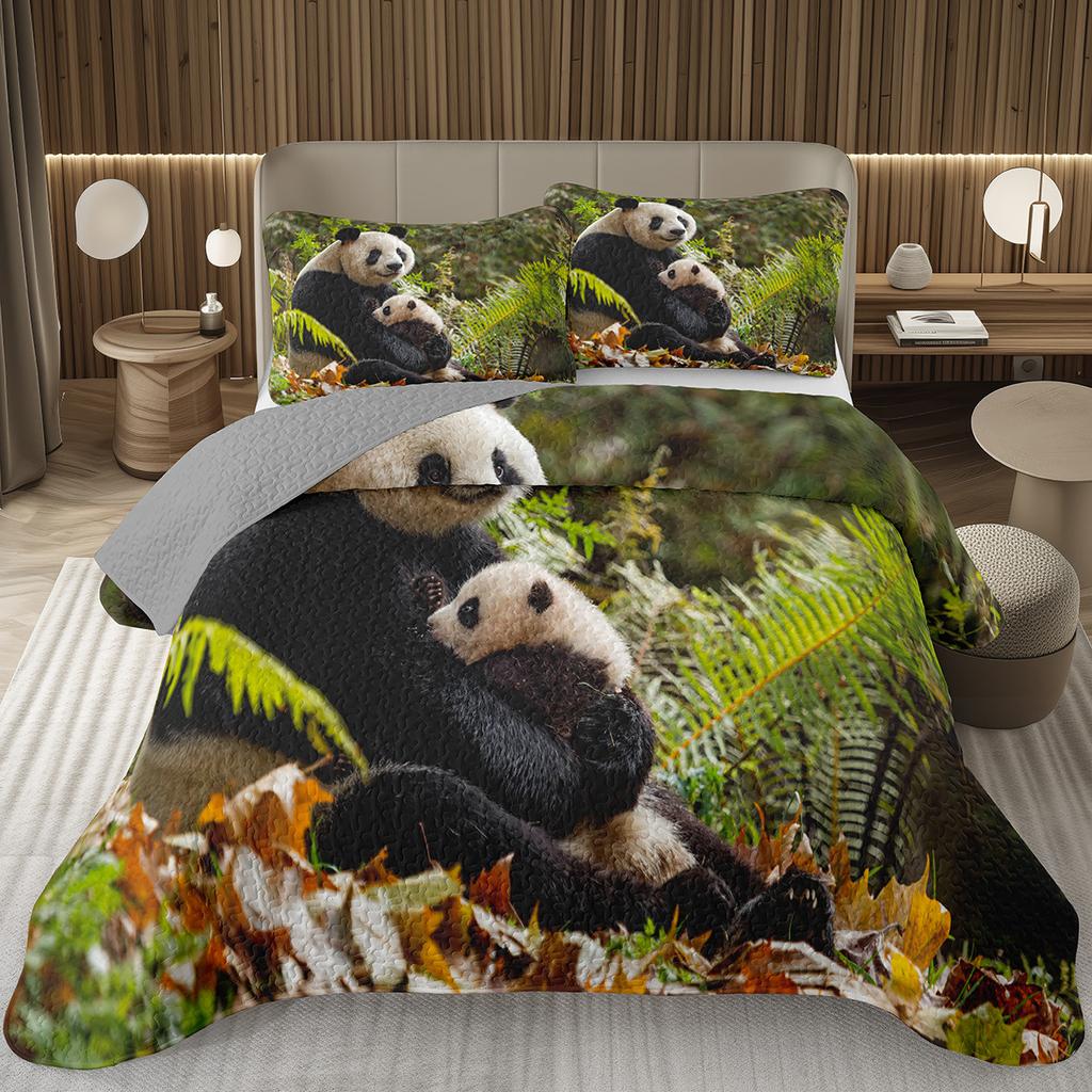 White And Black Panda Bedspread Set Kawaii Bamboo Botanical Twin Quilt Set Cute Panda Themed Coverlet Wild Animal Bedding Set