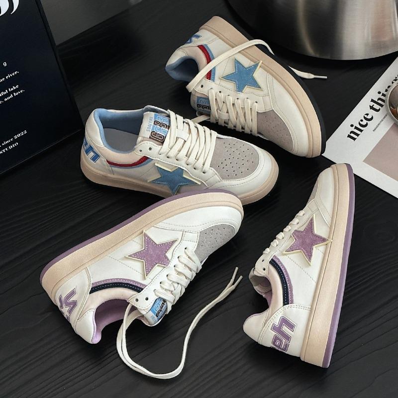 Retro burst pattern star shoes early spring new old color matching board shoes women's trendy leather casual shoes women