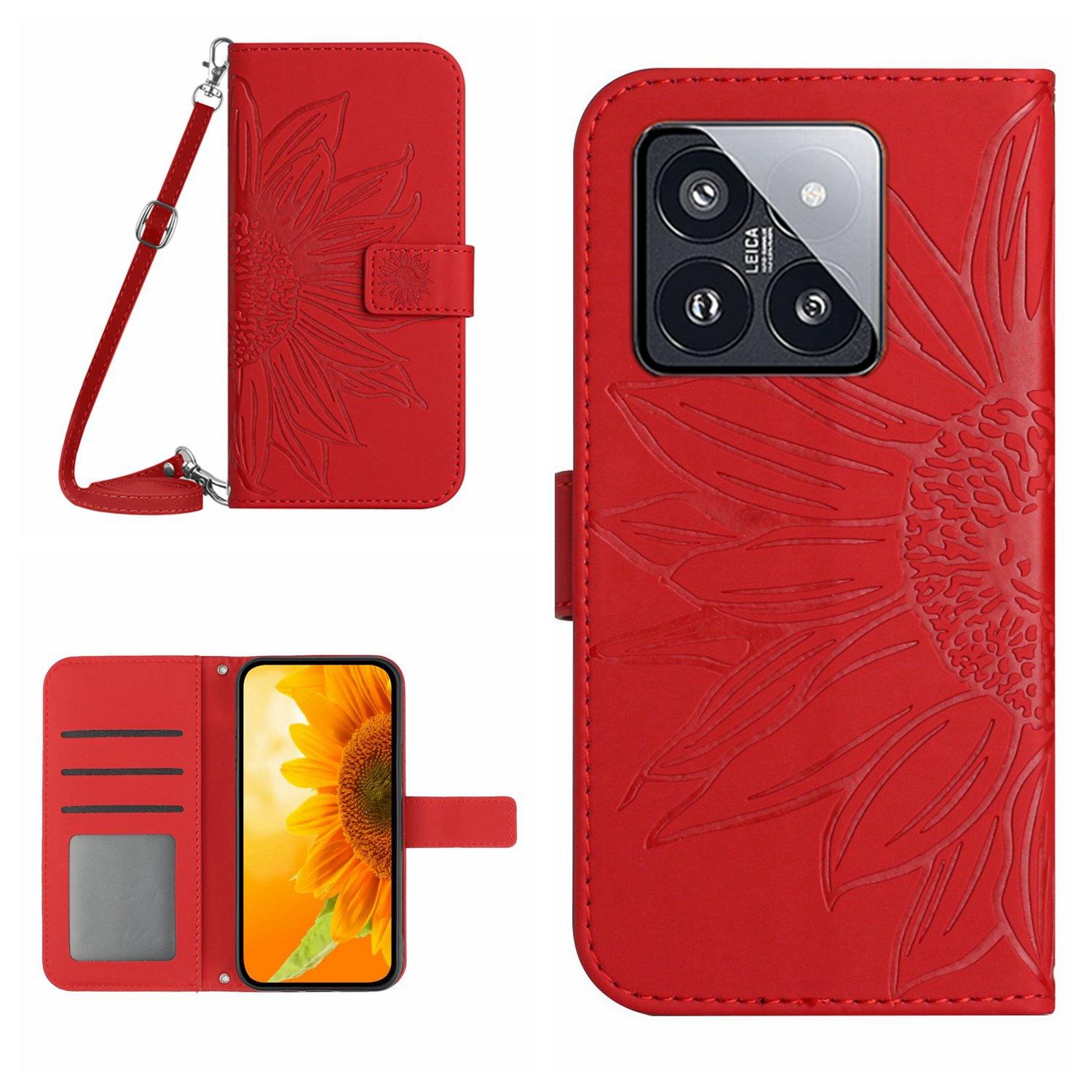 

HT04 For Xiaomi 14 Pro Case Skin-touch Wallet Stand Leather Cover with Shoulder Strap Red