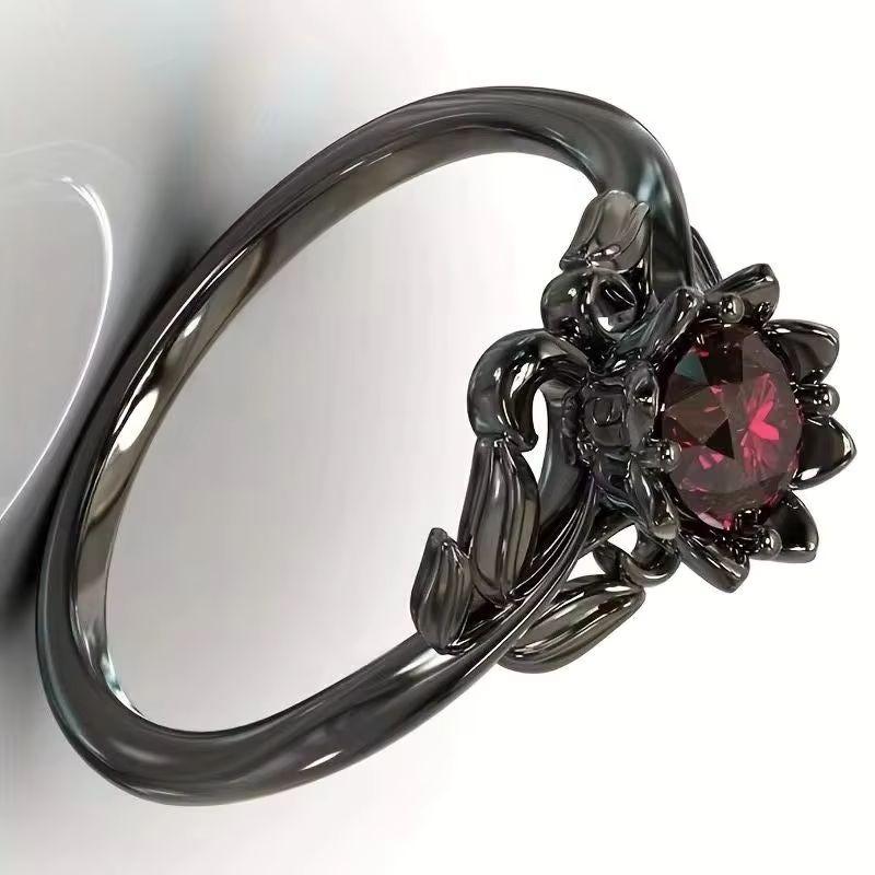 New Elegant Black Flower Shape Zircon Ring for Women Wedding Engagement Jewelry Accessory Sizes 5-11