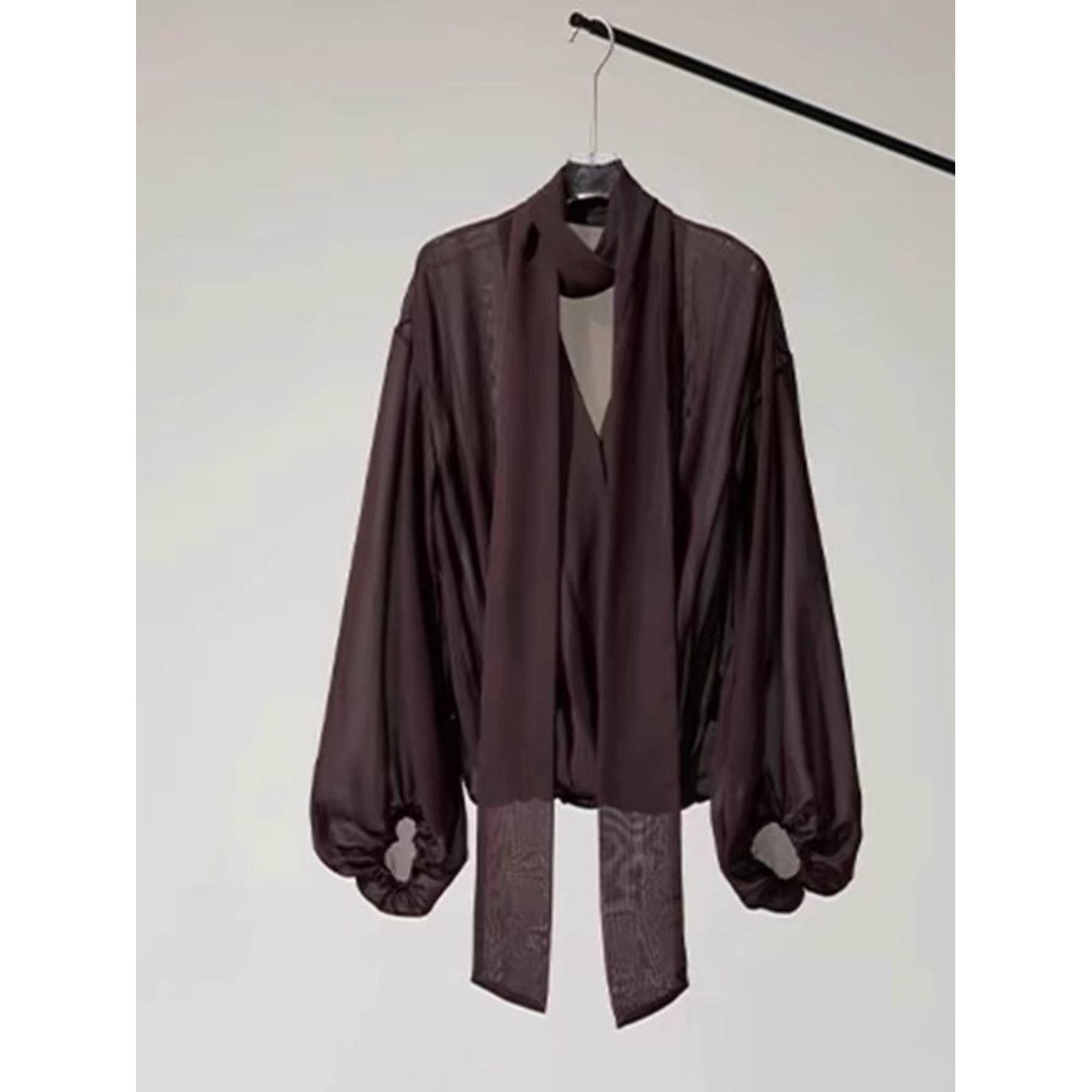 

Coffee Transparent Lantern Sleeve Tie Front Slim Shirt 2025 S