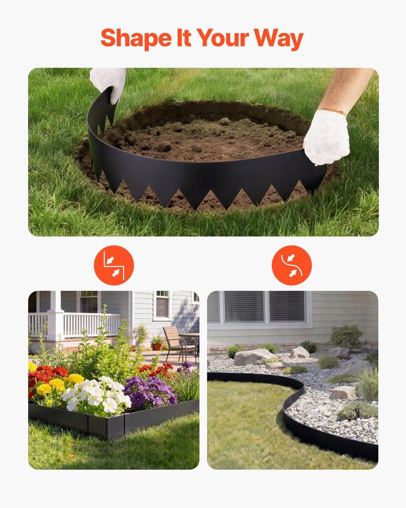 Galvanized Steel Landscape Edging, 6-Pack 1016 x 203 mm Metal Edging for Landscaping with 6 Mounting Clips, Bendable Metal Garden Edge Border for