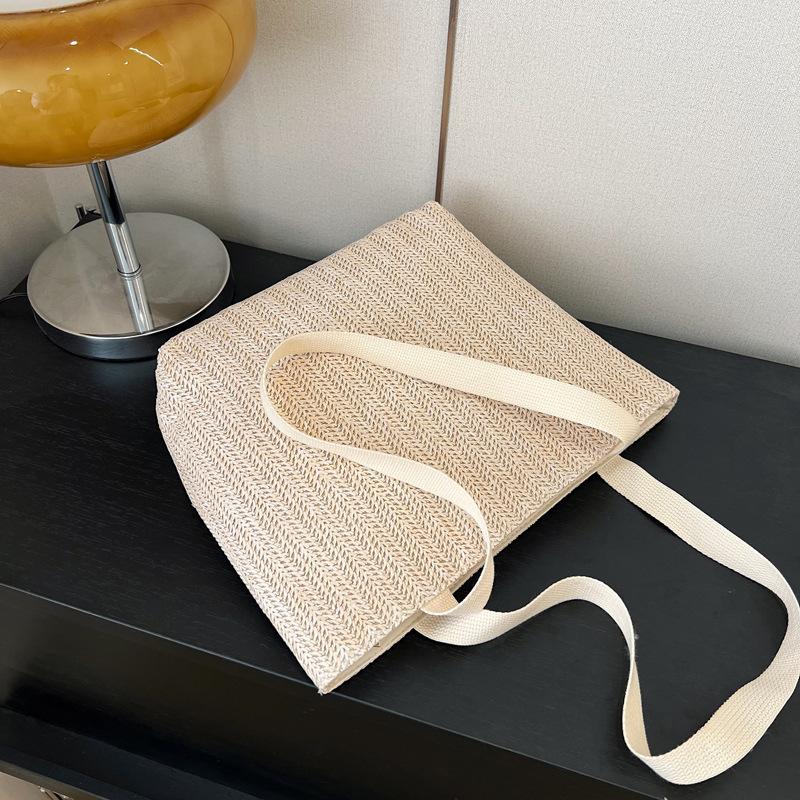 Simple Solid Color Large Capacity Woven Straw Shoulder Tote Bag For Women Daily Use