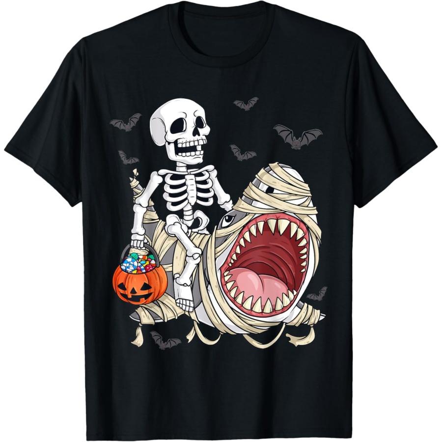Skeleton Riding Mummy Shark Funny Halloween Pumpkin Kids T-Shirt S