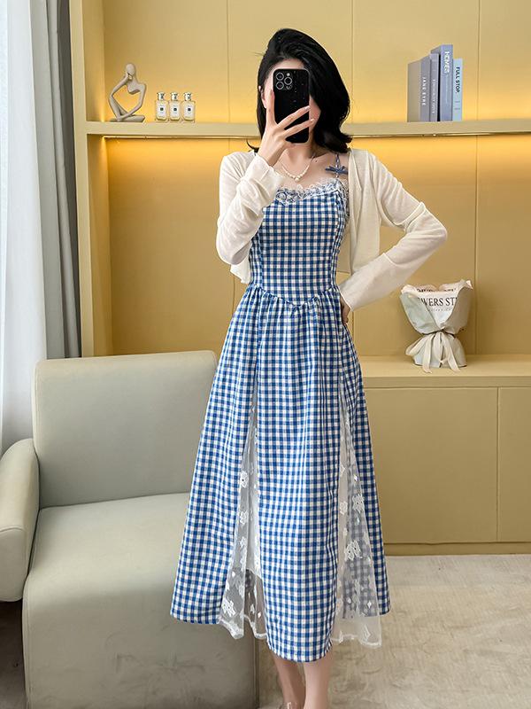 In-Stock Lace Plaid Slimming Camisole Dress with Large Skirt.