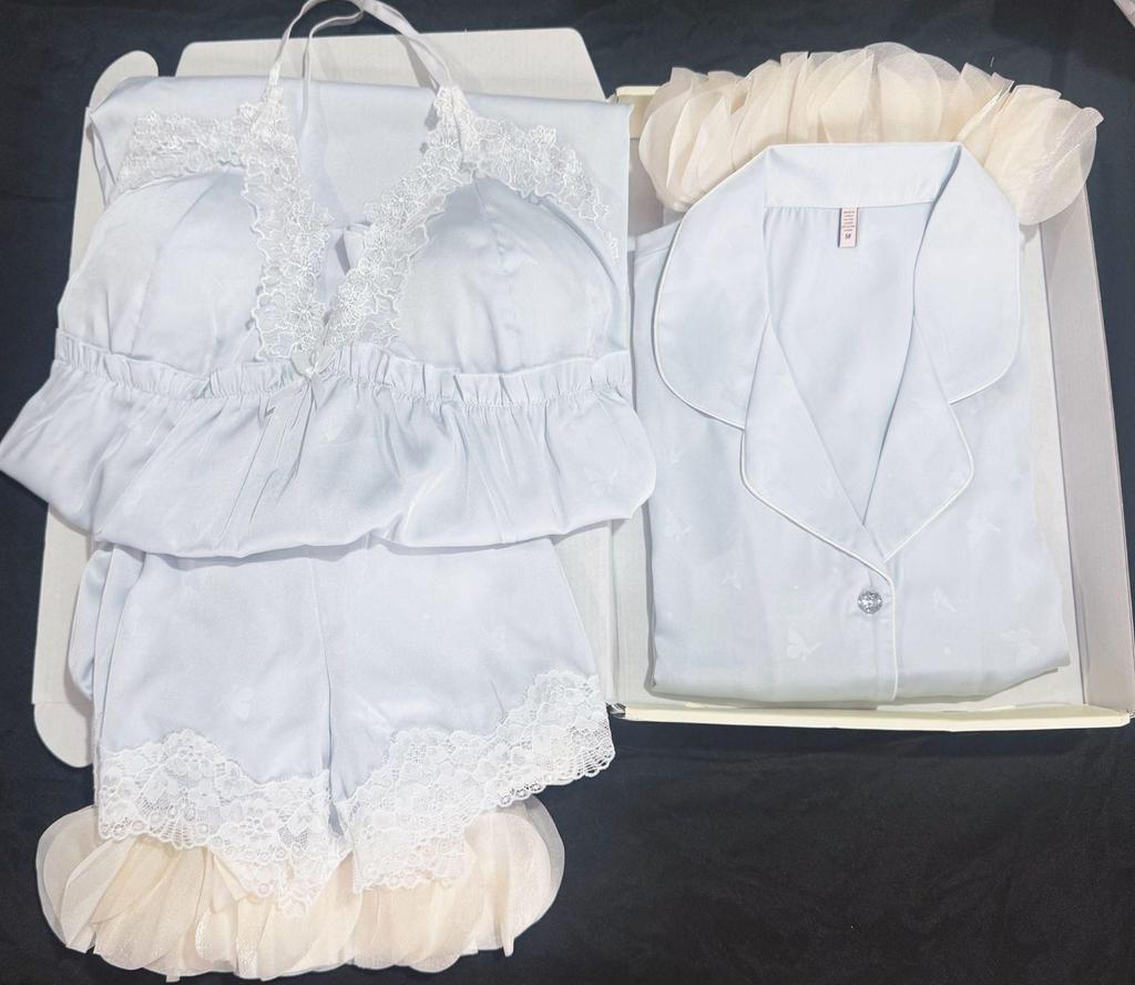 Set de pijama de vară pentru femei din mătase de gheață, maiou cu plăcuțe pentru piept - Set de 4 piese cu mânecă lungă pentru acasă