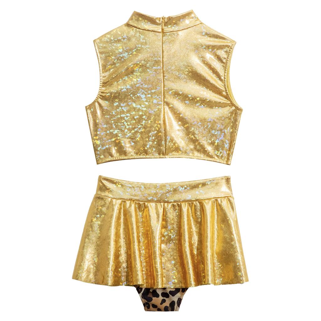 Costum de Dans Jazz pentru Fete 2 Bucăți Metalic Lucios Patchwork Strălucitor Crop Top Fără Mâneci cu Pantaloni tip Fustă pentru Competiție pe Scenă