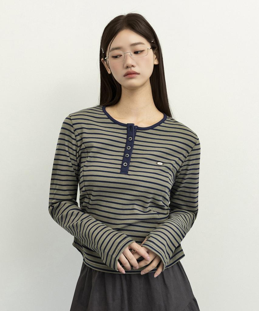 Yujen Henley Neck Shirred Long Sleeve T-Shirt_Stripe Khaki & Navy