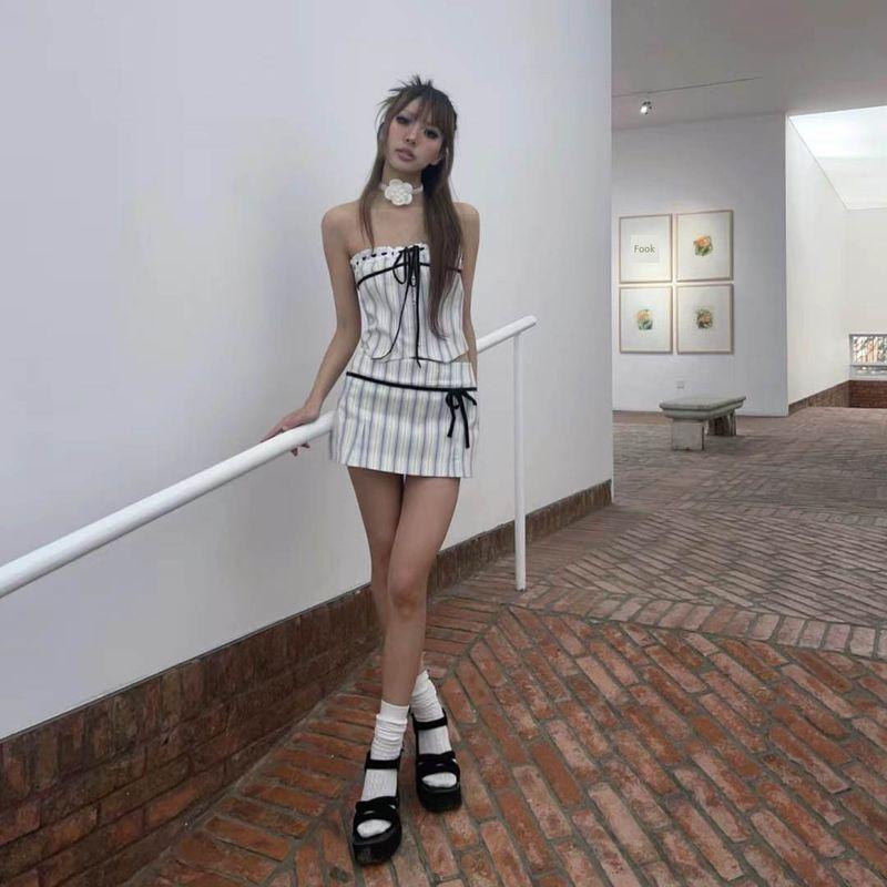 French Style Stripes Tube Top Suit Skirt Elegant Slim Looking Sexy Wind 2023 Summer New Design Sense Two-piece Set