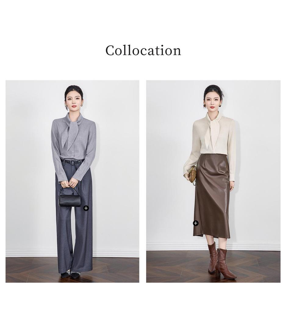 Tencel Wool Rabbit Ear Collar Lace-up Long Sleeve Women's Shirt for Autumn/Winter