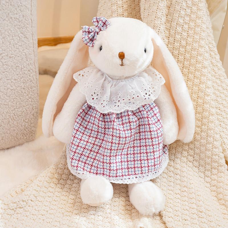 New 35cm Cute Shy Bunny Plush Toy with Floral Check Dress Soft Stuffed Rabbit Kid Birthday Gift Sofa Bedroom Decor Hugging