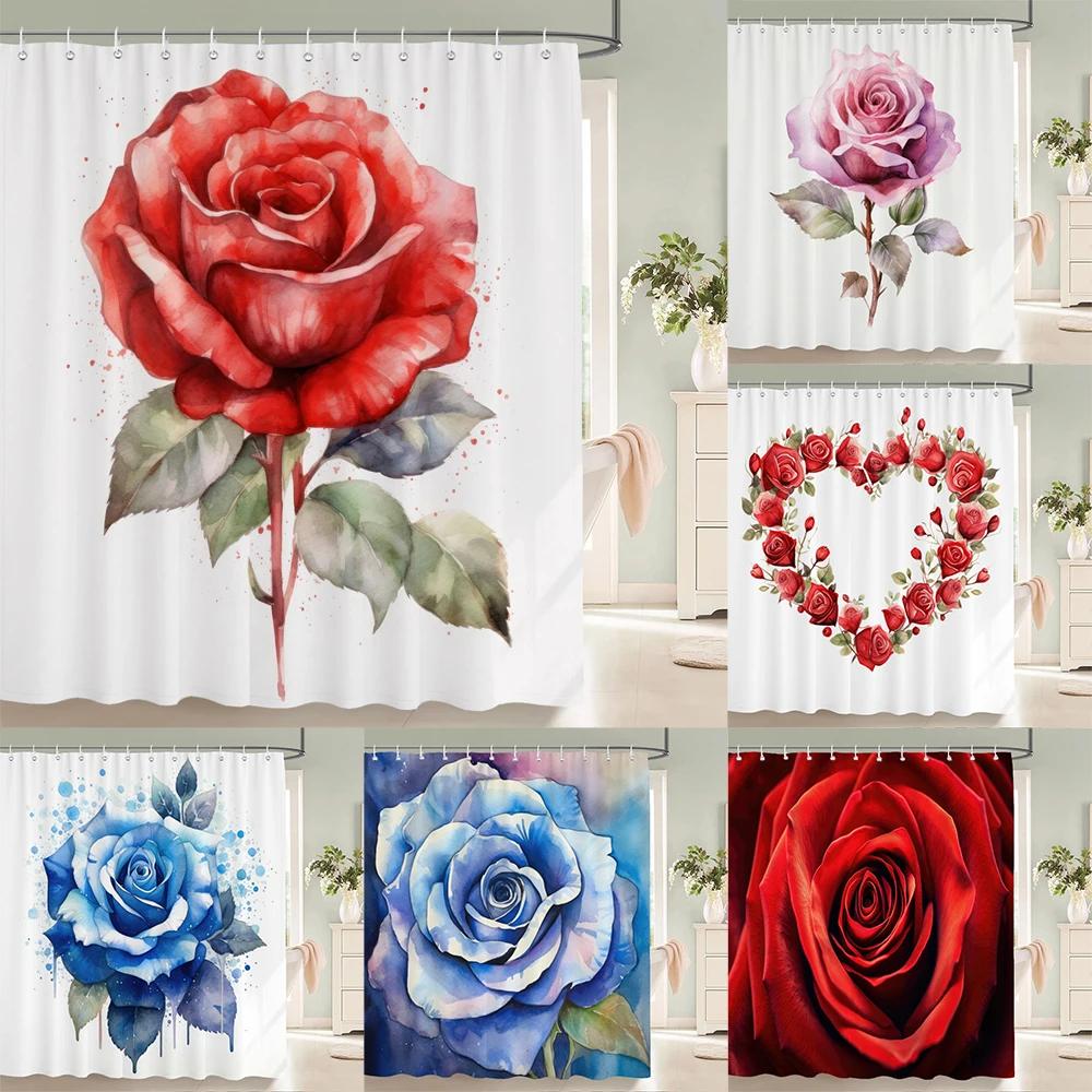 Waterproof Polyester Fabric Red Rose Shower Curtains Blue Rose Flowers Printing Bathroom Curtains for Home Decoration Curtain
