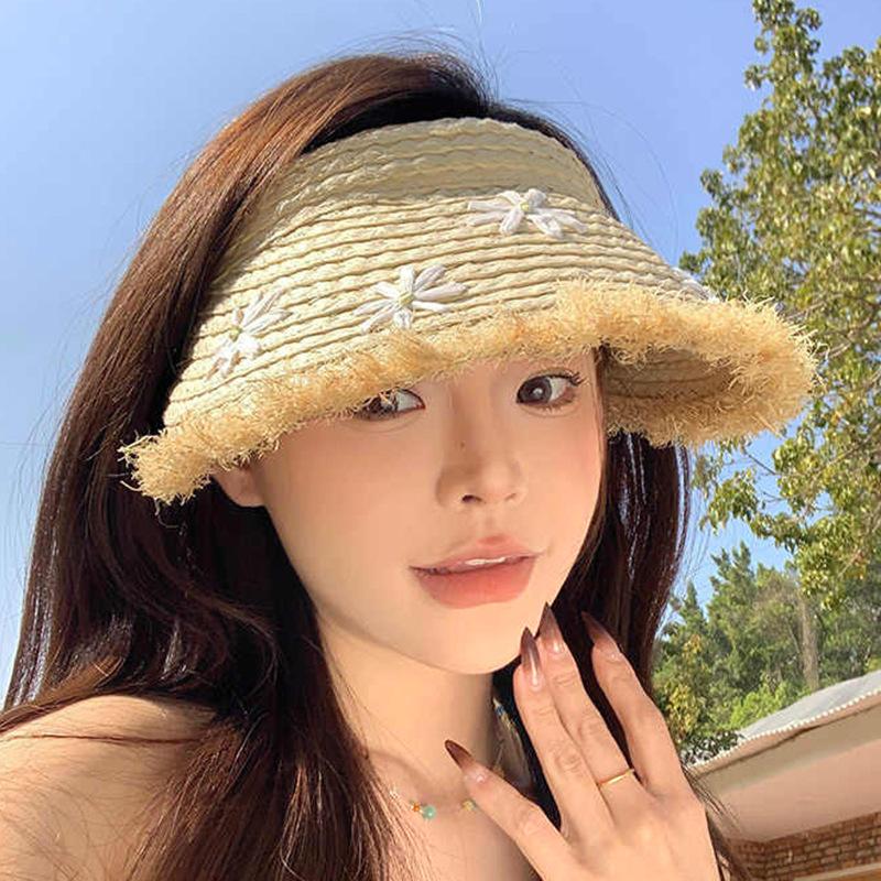 Summer Hat Women's Sun Hat Big Brim Burr Straw Hat Flower Empty Top Sun Hat Premium Sunscreen Hat