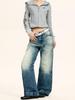 Yongfang American Retro Deep Blue Jeans: Unisex Casual Loose Fit, Cat Whiskers Design, Wide Leg, Straight Long Pants.