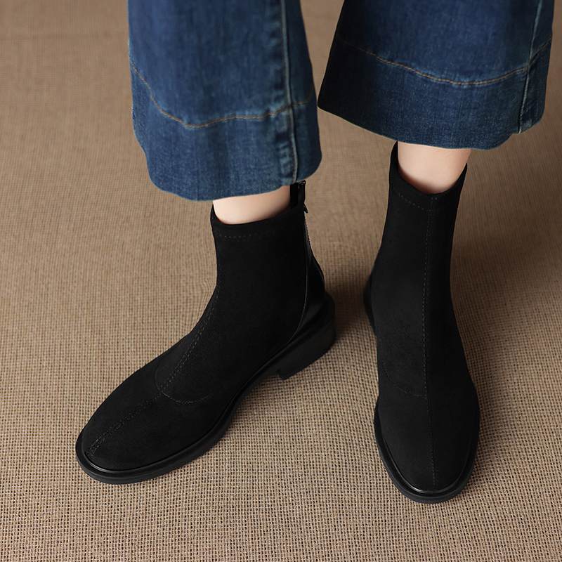 Krazing Po Flock Winter Round Toe Size 33 Chelsea Boots Size 43 Zipper Fashion Low Heels Stretch Ankle Boots