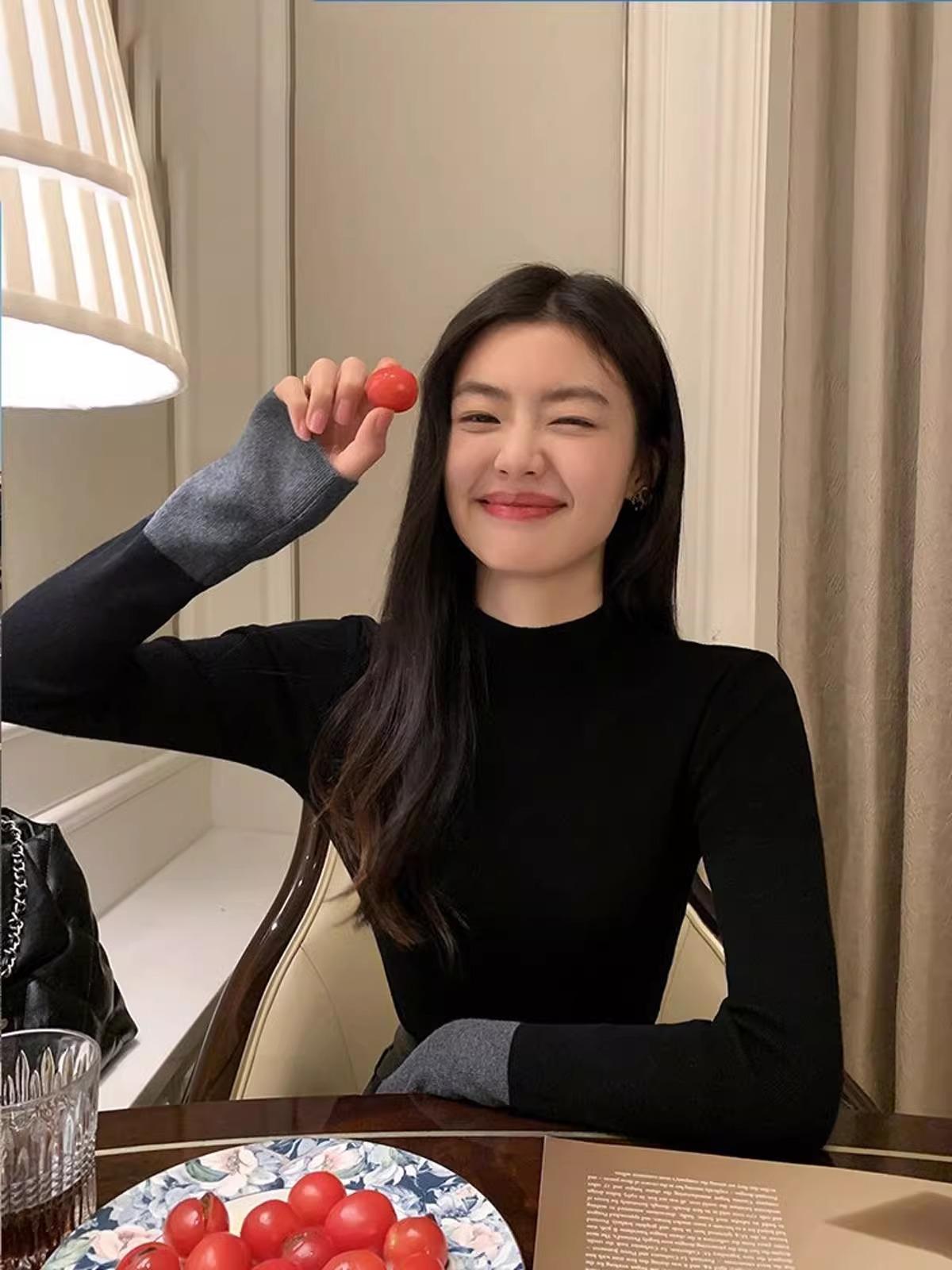 

Splicing high-end knitted bottoming shirt women s spring semi-turtleneck slim-fitting contrasting color long-sleeved inner sweater top L чёрный