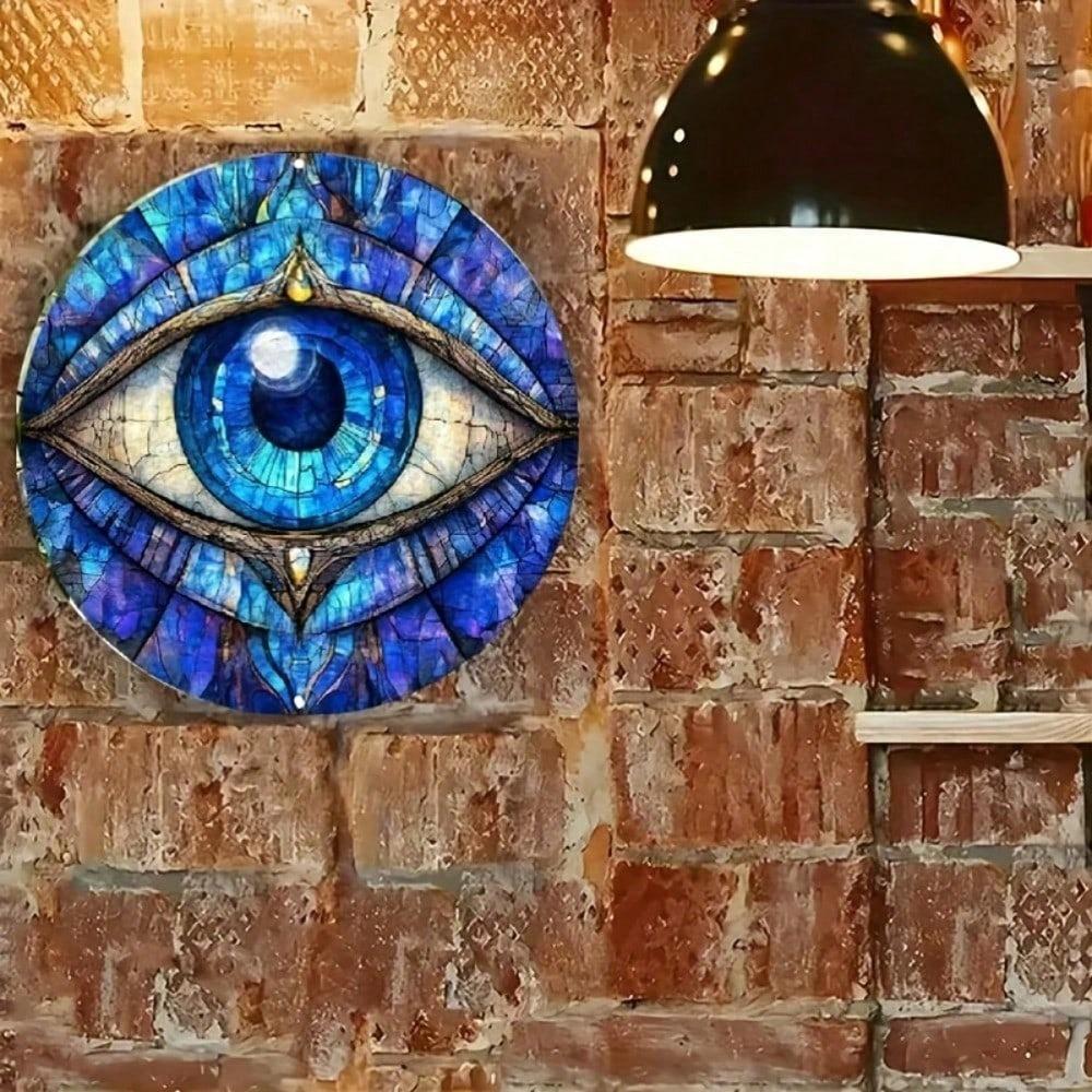 Glam Style Evil Eye Wall Decor 8x8 Inch Blue Gold Mosaic Aluminum Plaque Rustproof Metal Outdoor Home Gift