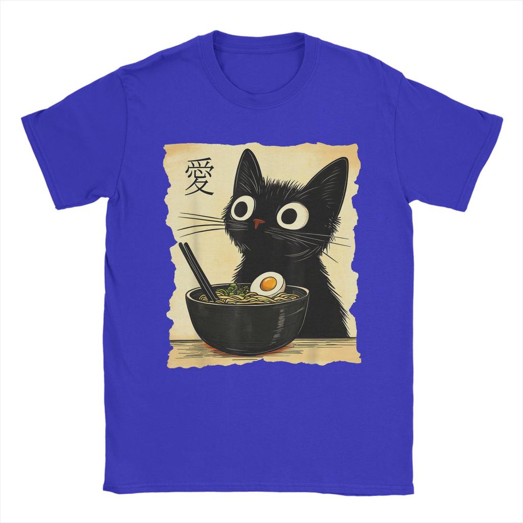 Men's Japanese Black Cat Ramen T Shirts Kawaii Noodle Cat Cotton Clothing Creative Short Sleeve Crew Neck Tees Summer T-Shirt