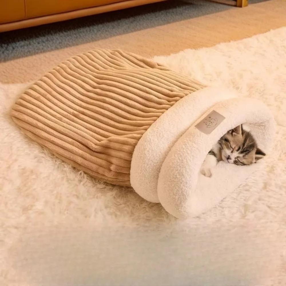 Winter Warm Cat Sleeping Bag Soft Pet Bed Kitty and Puppy House Soft Plush Semi Enclosed Windproof Cat Nest Pet Supplies