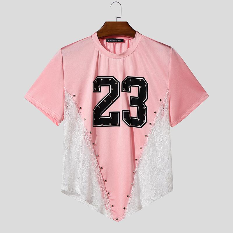 

INCERUN Men O Neck Short Sleeve Letter Print Lace Patchwork Irregular Tops T-shirts 5XL светло-розовый