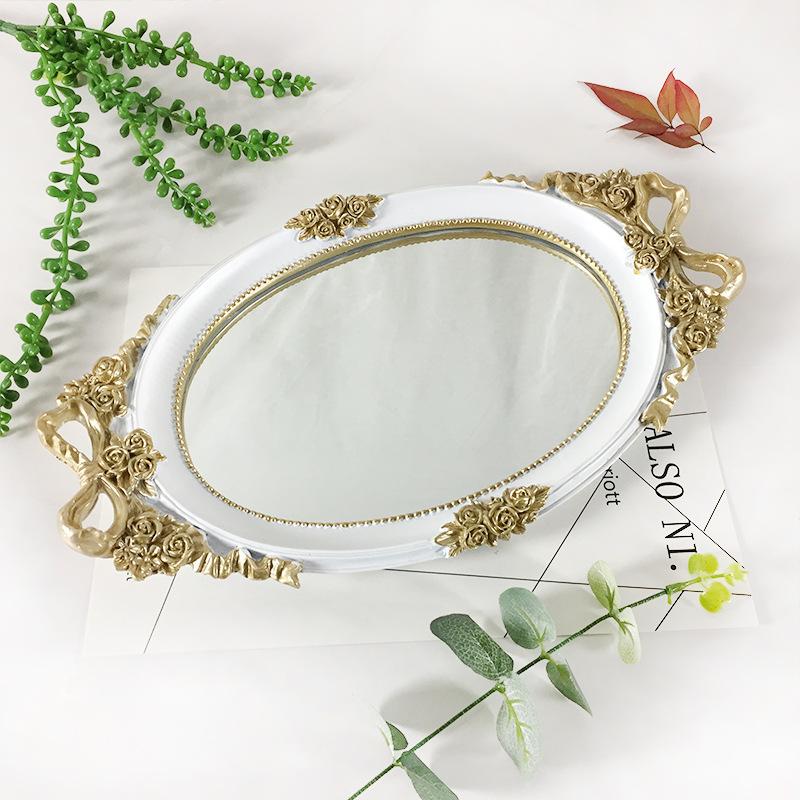 

Retro Resin Storage Tray European Creative Relief Mirror Tray Fruit Plate Wedding Dessert Table Home Decor Jewelry Storage Tray