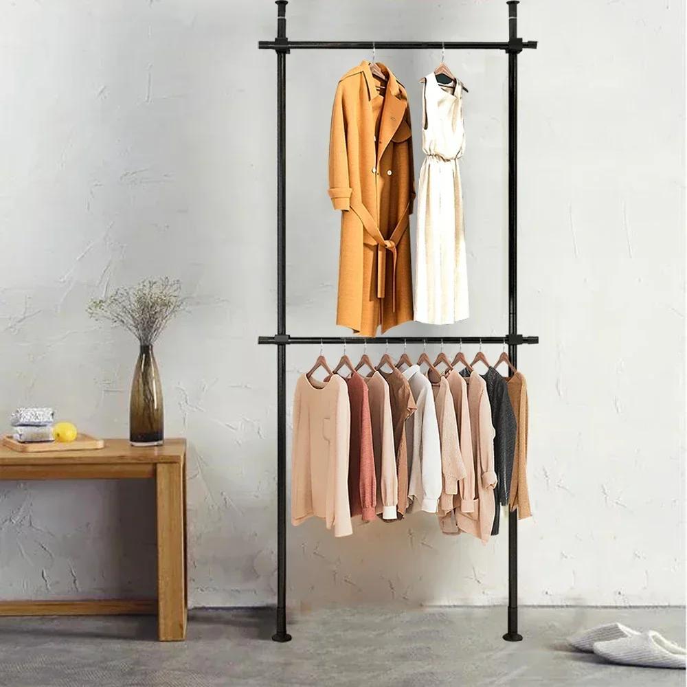 2 Tiers Rod Clothing Rack Adjustable Commercial Garment Closet Organizer Floor Closet Garment Rack Clothes Storage Hanger
