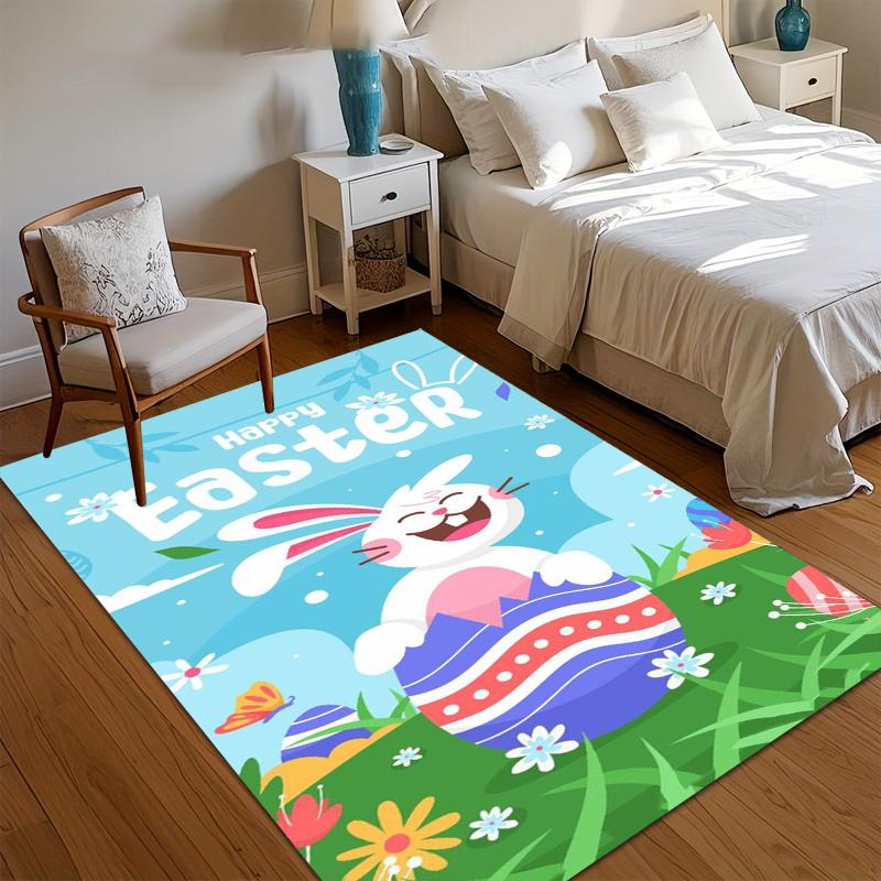 Happy Easter Bunny Cartoon Area Rug Non-Slip Floor Mat Decor Carpet for Bedroom Living Room Kids Room Home Festival Decoration