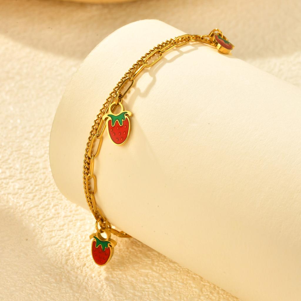 Doppellagiges Erdbeer-Armband aus Edelstahl für Damen Mädchen, Wasserdichte Armbänder in Goldfarbe, Täglicher Schmuck Niedliche Geschenke